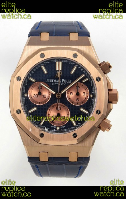 Royal Oak Chrono 26240 Rose Gold Blue Dial Leather Strap Super Clone Watch 