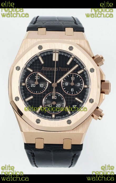 Royal Oak Chrono 26240 Rose Gold Black Dial Leather Strap Super Clone Watch 