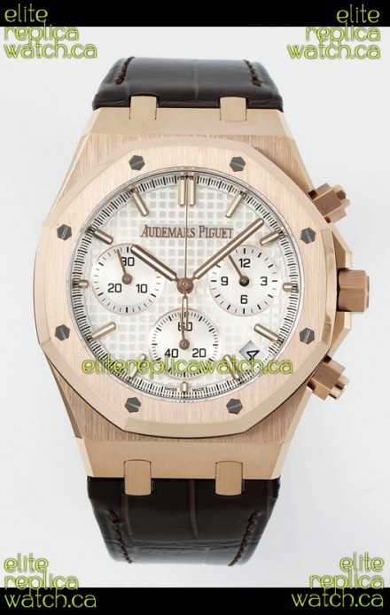 Royal Oak Chrono 26240 Rose Gold White Dial Leather Strap Super Clone Watch 