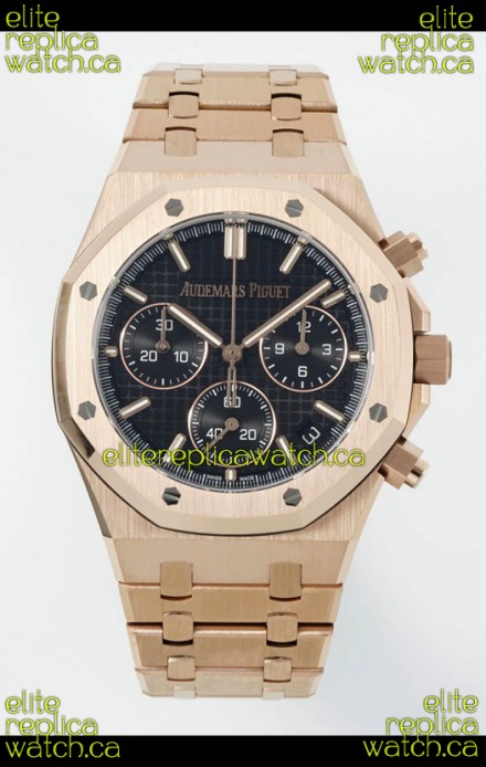 Royal Oak Chrono 26240 Rose Gold Strap in Black Dial Super Clone Watch 