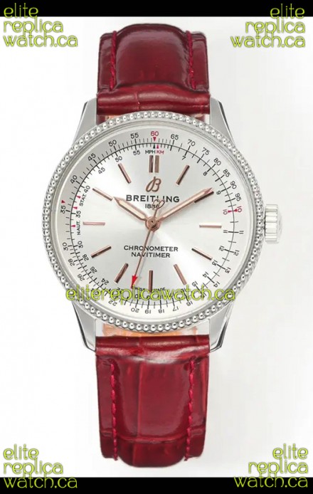 Navitimer Automatic 36 Steel Dial Red Strap Super Clone Watch 