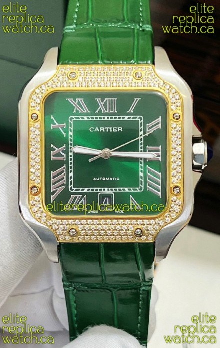 Cartier Santos De Cartier Green Dial Diamonds Two Tone Swiss Replica Watch 