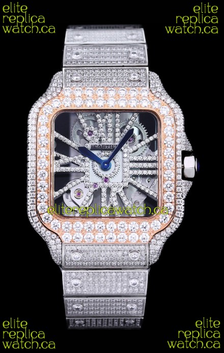 Cartier "Santos De Cartier" Skeleton moissanite Paved Super Clone Watch 