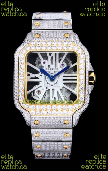 Cartier "Santos De Cartier" Skeleton moissanite Paved Super Clone Watch 