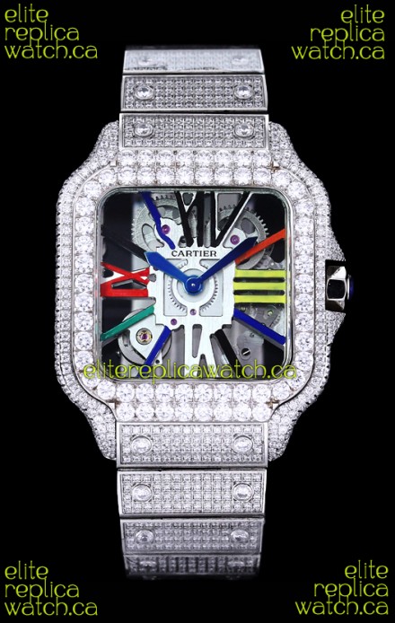 Cartier "Santos De Cartier" Skeleton moissanite Paved Super Clone Watch 