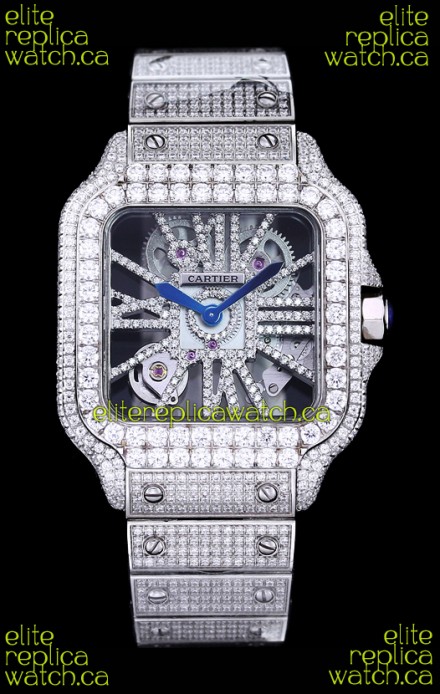Cartier "Santos De Cartier" Skeleton moissanite Paved Super Clone Watch 
