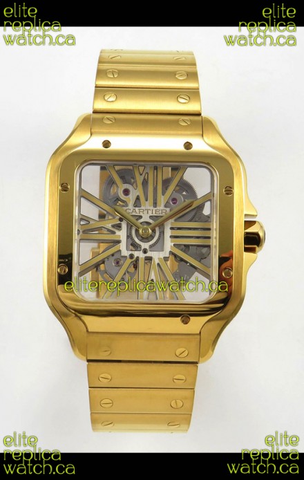 Cartier Santos Yellow Gold Skeleton Dial Super Clone Watch 