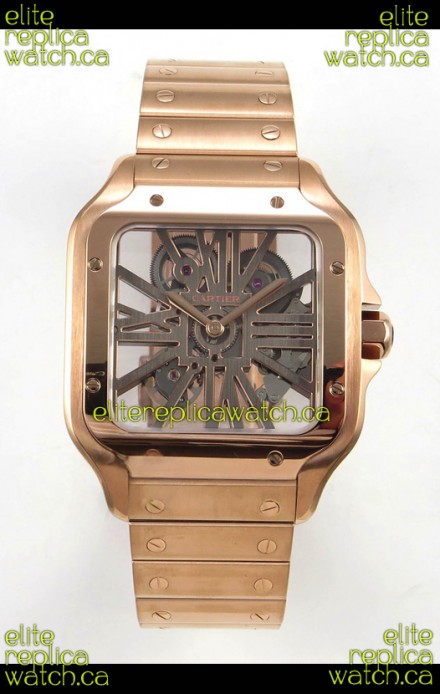 Cartier Santos Rose Gold Skeleton Dial Super Clone Watch 