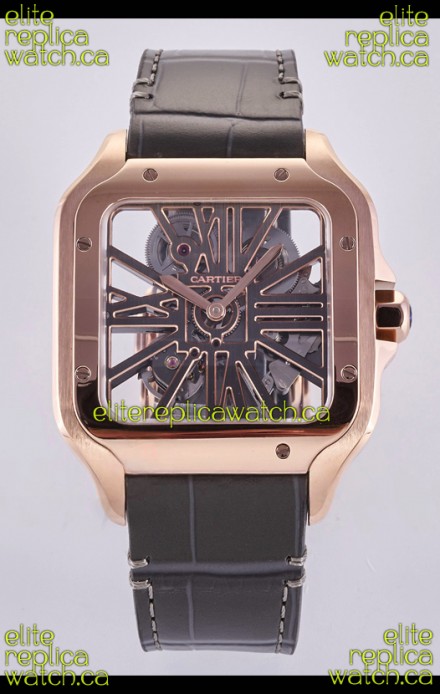 Santos De Cartier Super Clone Watch in Skeleton Dial Rose Gold Case