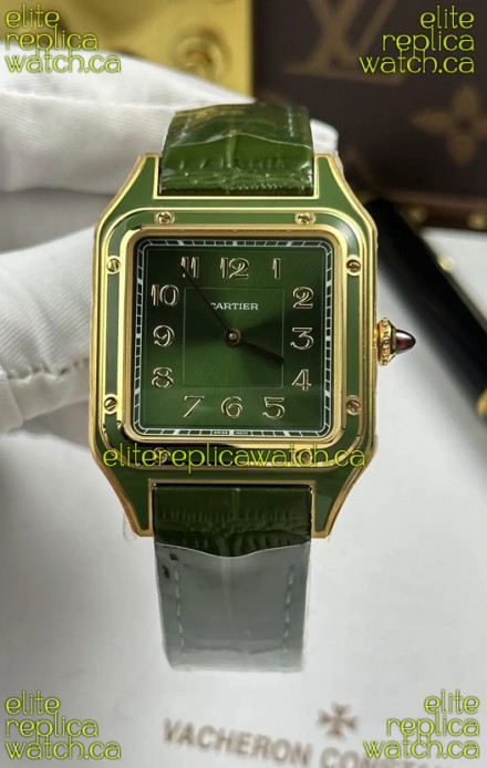 Santos Dumont 31MM Yellow Gold Green Dial Super Clone Watch 