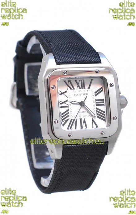 Cartier Santos 100 Japanese Ladies Replica Watch in Black Satin Strap