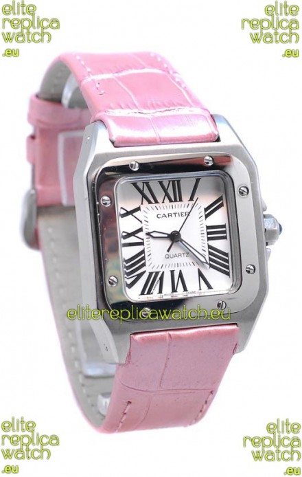 Cartier Santos 100 Japanese Ladies Replica Watch in Pink Leather Strap