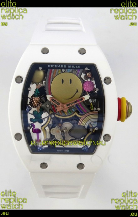 Richard Mille Super Clone RM088 Smiley Tourbillon White Ceramic Rubber Strap Watch 