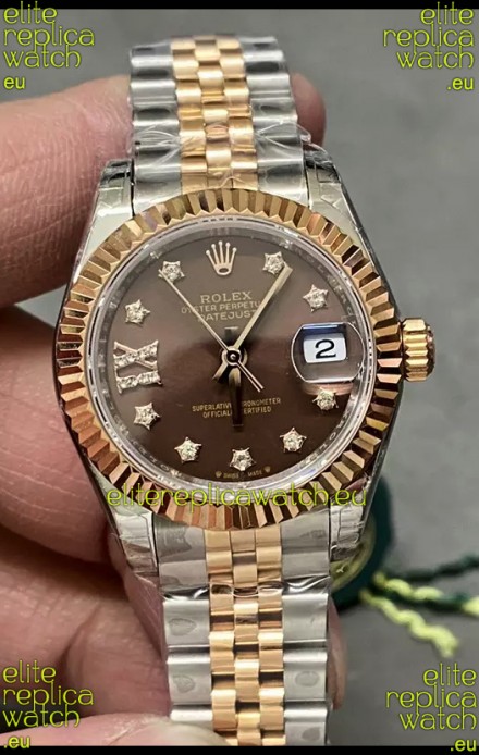 Rolex Datejust Super Clone Brown Dial 2 Tone Rose Gold Watch 28MM
