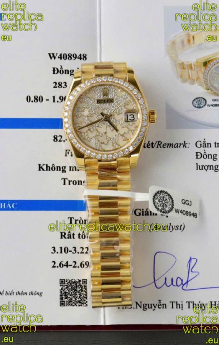 Rolex Datejust Super Clone Mossanites Butterfly Dial 31MM Yellow Gold Watch 