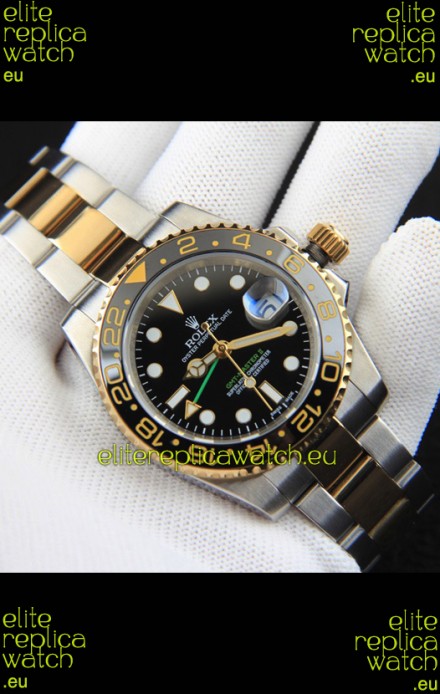 Rolex GMT Masters II 2 Tone Rose Gold Plating Japanese Replica Watch Black Dial