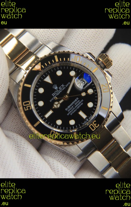 Rolex Submariner Japanese Replica Watch 904L 2 Tone Yellow Gold - Ceramic Bezel in Black