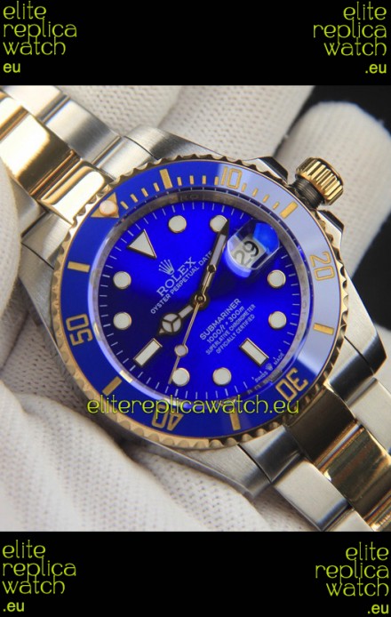 Rolex Submariner Japanese Replica Watch 904L 2 Tone Yellow Gold - Ceramic Bezel in Blue