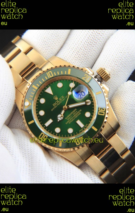 Rolex Submariner Japanese Replica Watch in Yellow Gold Casing Green Dial 