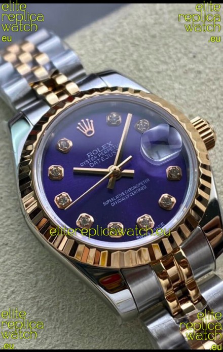 Rolex Datejust 28MM Swiss Replica in 904L Rose Gold Two Tone Case in Purple Dial - 1:1 Mirror Replica