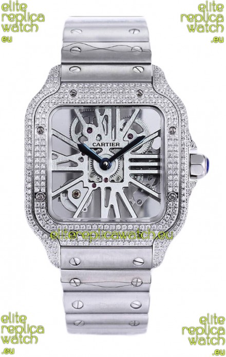 Santos De Cartier Watch in Skeleton Dial - Diamonds Bezel in Steel Casing & Strap Swiss Replica
