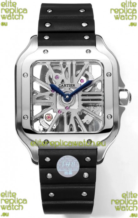 Santos De Cartier Watch in Skeleton Dial - Stainless Steel Casing & Bezel Black Rubber Strap