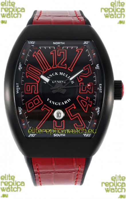 Franck Muller Vanguard in DLC Coated Casing Black Dial Swiss Replica Red Strap 