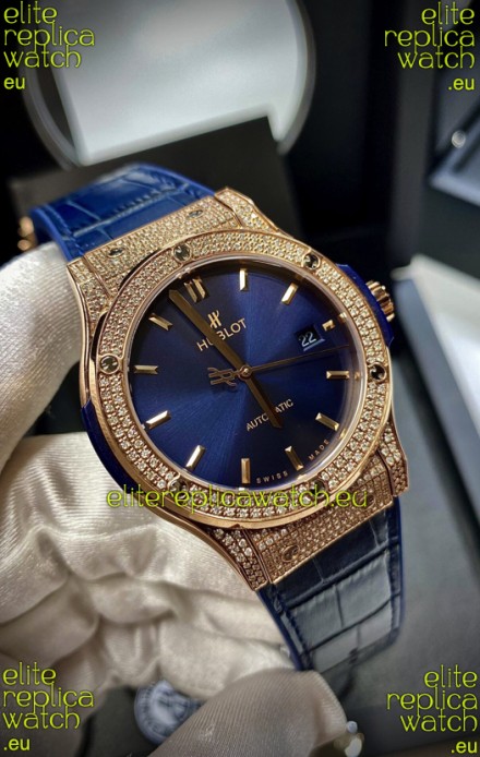 Hublot Classic Fusion Diamonds Rose Gold Steel Blue Dial Swiss Replica Watch 1:1 Mirror Quality