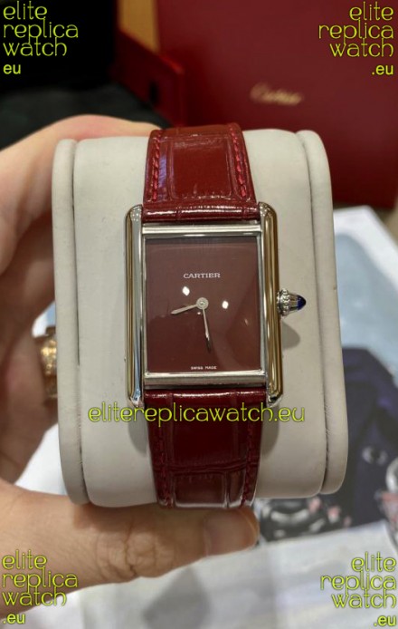 Must De Cartier Tank Edition Watch in 904L Stainless Steel Casing Maroon Dial