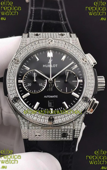 Hublot Classic Fusion Chronograph Steel Diamonds Casing Black Dial 1:1 Mirror Replica Watch 