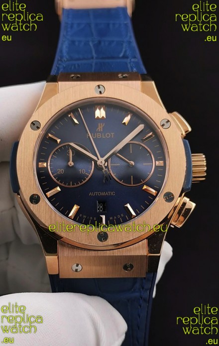 Hublot Classic Fusion Chronograph Rose Gold Casing Blue Dial 1:1 Mirror Replica Watch 