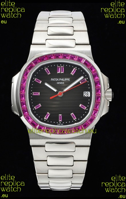 Patek Philippe Nautilus 5711 Black Dial 1:1 Mirror Replica in 904L Steel with Rubies Bezel