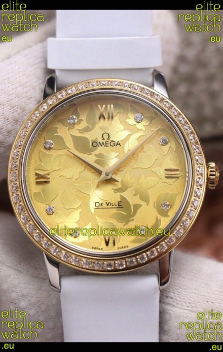 Omega De Ville Floral Dial Swiss Quartz Movement in Two Tone Casing - Gold Dial