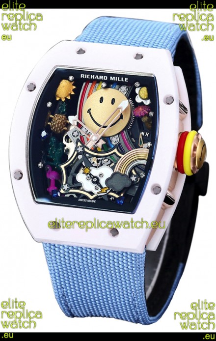 Richard Mille RM088 Smiley Tourbillon White Ceramic Casing Blue Nylon Strap Replica Watch 