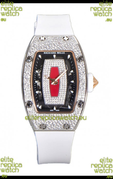 Richard Mille RM007 Diamonds Paved White Strap Red Dial 904L Steel Superclone Swiss Watch