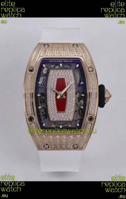 Richard Mille Super Clone RM07-01 Diamonds Paved 904L Rose Gold Casing Automatic Replica Watch