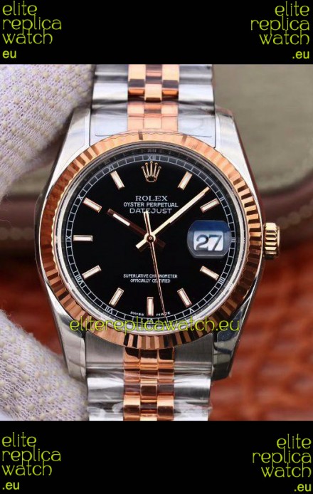 Rolex Datejust 36MM Cal.3135 Movement Swiss Replica Watch in 904L Steel Two Tone Casing Black Dial