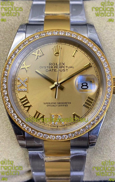 Rolex Datejust 36MM Cal.3135 Movement Swiss Replica Watch in 904L Steel Two Tone Casing Gold Dial