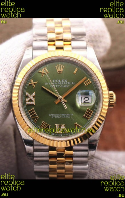 Rolex Datejust 36MM Cal.3135 Movement Swiss Replica Watch in 904L Steel Two Tone Casing Green Dial