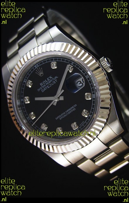 Rolex Datejust II 41MM with Cal.3136 Movement Swiss Replica Watch in Black Dial Diamonds Markers