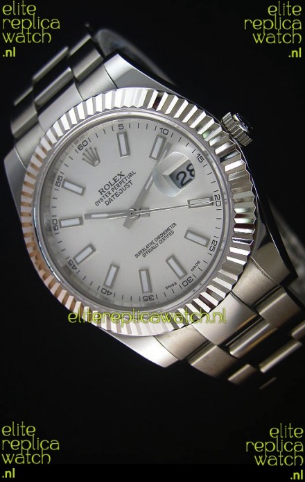 Rolex Datejust II 41MM with Cal.3136 Movement Swiss Replica Watch in White Dial Stick Markers 
