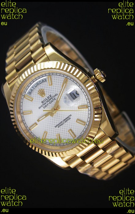 Rolex Day Date Japanese Replica Watch - Yellow Gold Casing in Steel Patterned Dial 40MM