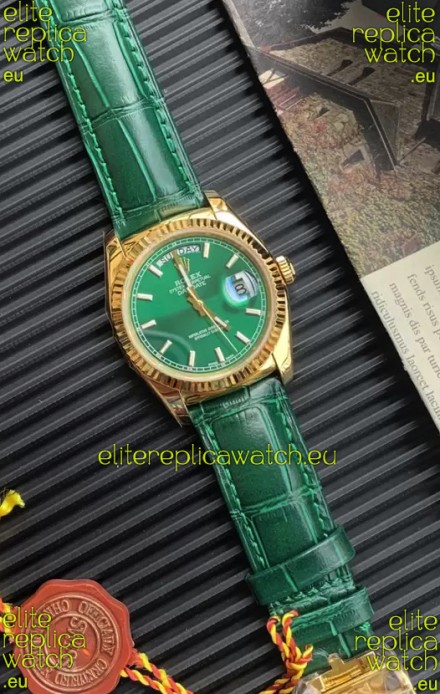 Rolex Day Date Yellow Gold Casing Watch in Green Strap 36MM - 1:1 Mirror Quality 