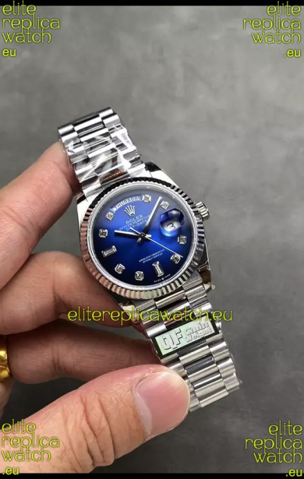 Rolex Day Date Super Clone Stainless Steel Blue Dial Diamonds Numerals Watch 36MM - 1:1 Mirror Quality