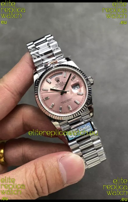 Rolex Day Date Super Clone Stainless Steel Pink Dial Crystal Numerals Watch 36MM - 1:1 Mirror Quality