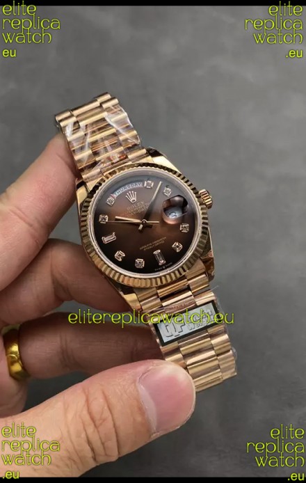 Rolex Day Date Super Clone Rose Gold Brown Dial Diamonds Numerals Watch 36MM - 1:1 Mirror Quality