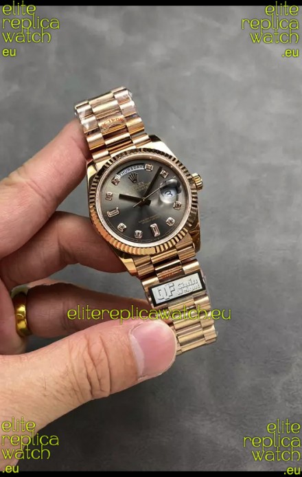 Rolex Day Date Super Clone Rose Gold Grey Dial Diamonds Numerals Watch 36MM - 1:1 Mirror Quality