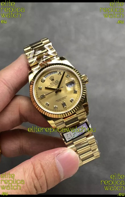 Rolex Day Date Super Clone Yellow Gold Casing and Dial Diamonds Numerals Watch 36MM - 1:1 Mirror Quality