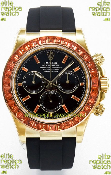 Rolex Daytona Super Clone Daytona Yellow Gold Casing Black Dial with Sapphires Bezel 