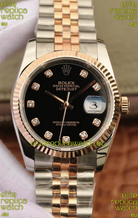 Rolex Datejust 36MM ETA-3135 Movement Swiss Replica in 904L Two Tone Black Dial